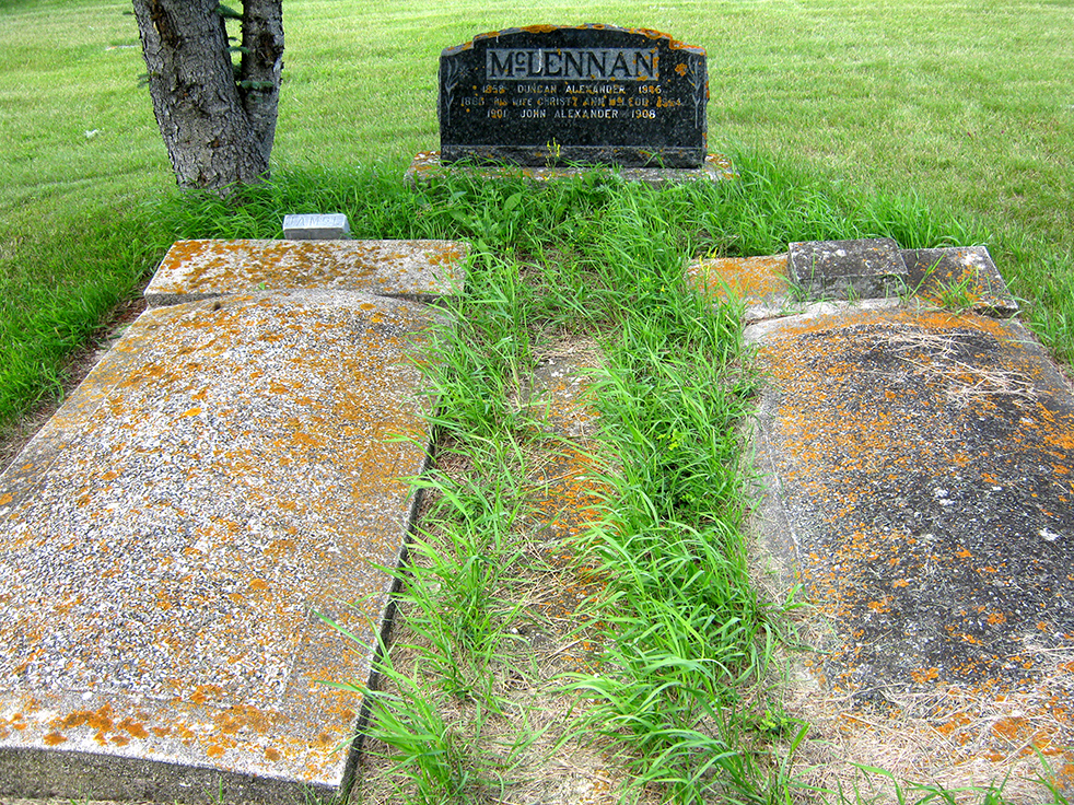 Photo of headstones/Duncan Alexander McLennan d 1945 hdstn Mather cem Manitoba